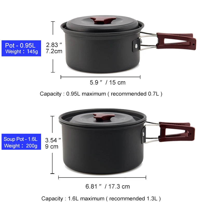 Aluminum alloy outdoor cookware set with pot, pan, and kettle, stacked for storage (view 2)