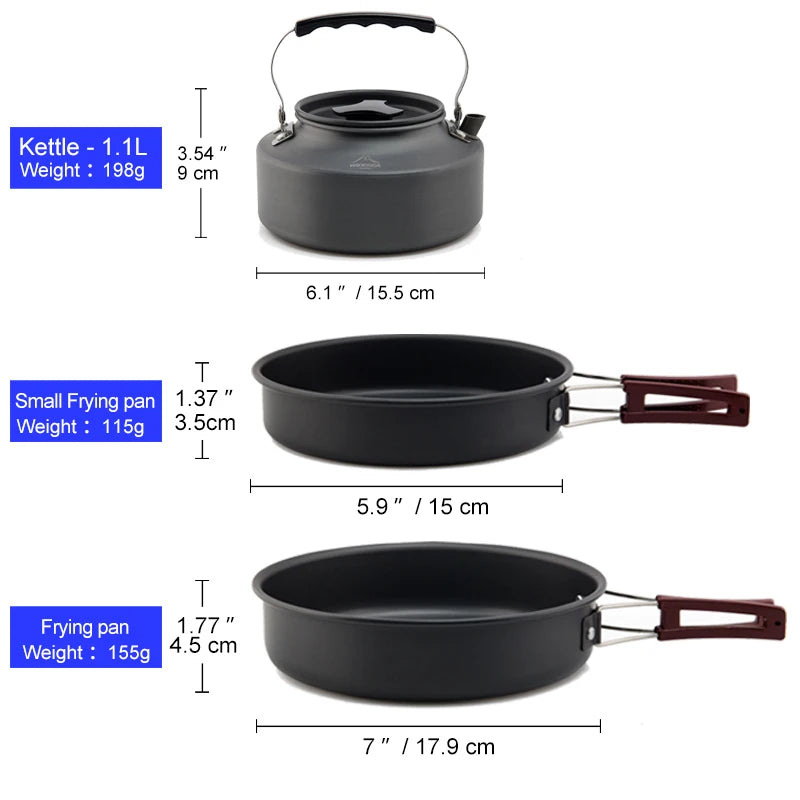 Aluminum alloy outdoor cookware set with pot, pan, and kettle, stacked for storage (view 3)