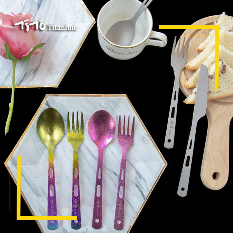 Titanium 3-piece knife, fork, and spoon set for outdoor dining (view 6)