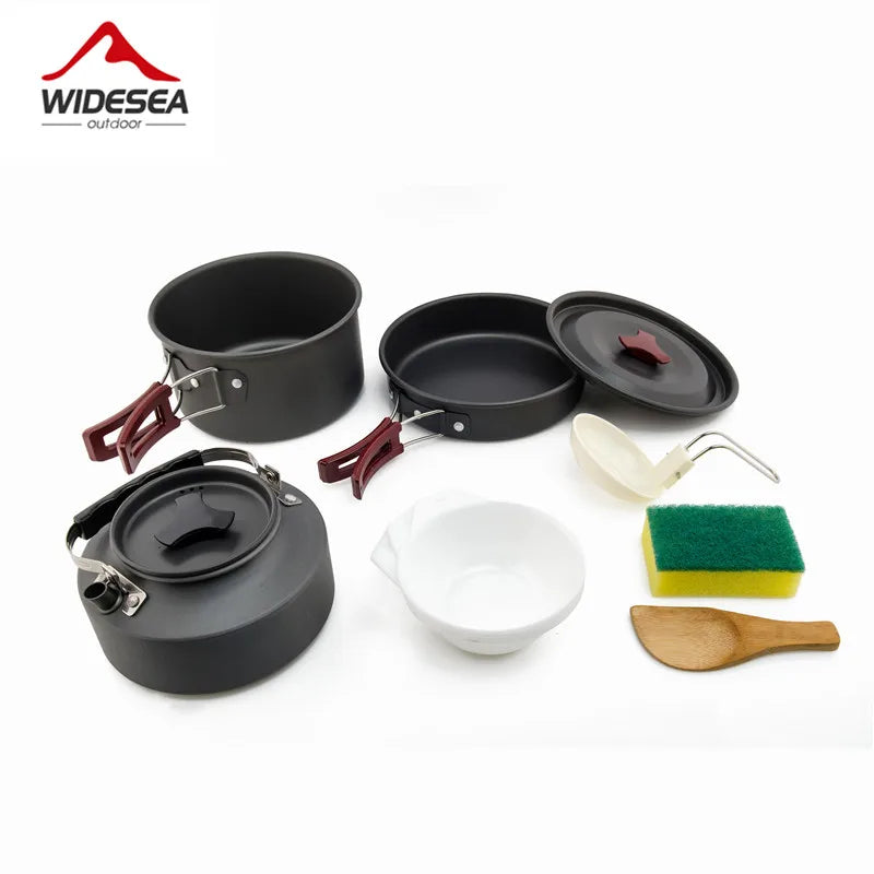 Aluminum alloy outdoor cookware set with pot, pan, and kettle, stacked for storage (view 7)