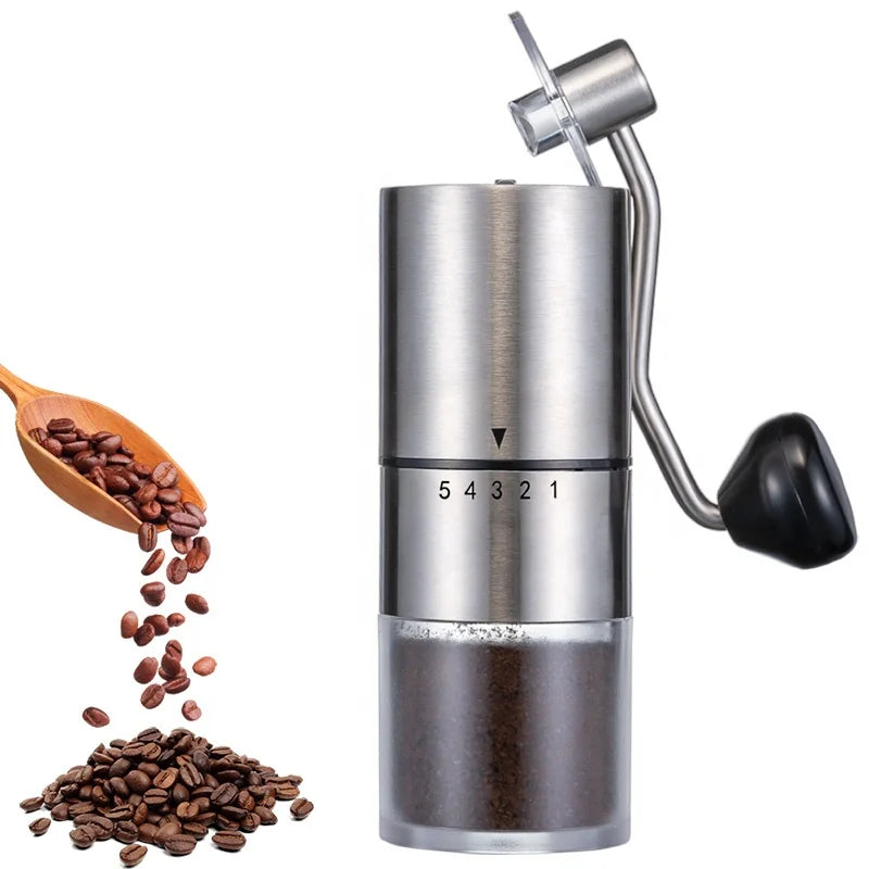 Portable hand-crank coffee grinder made of stainless steel with a black handle (view 6)