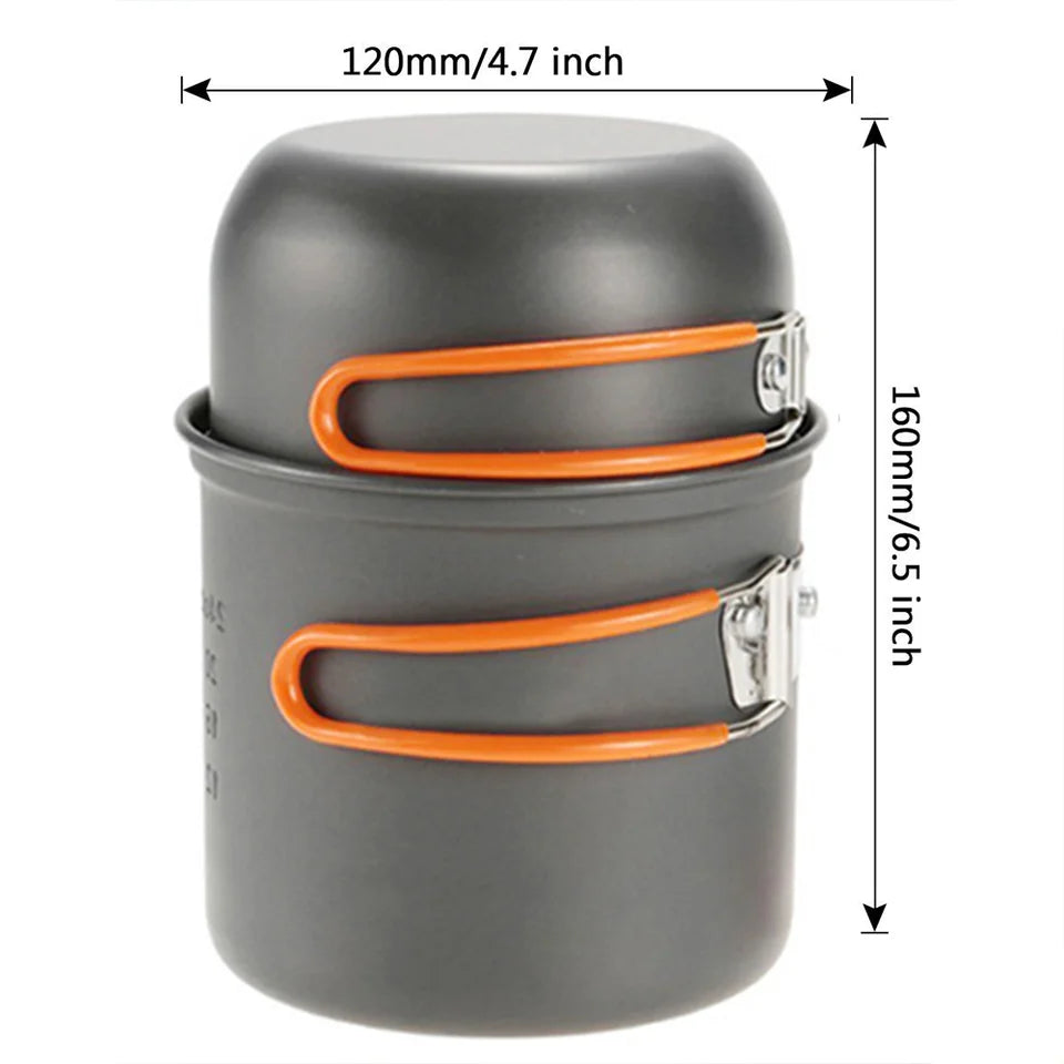 Hard aluminum alloy camping cookware set in orange and green, including pots and a frying pan, suita (view 5)