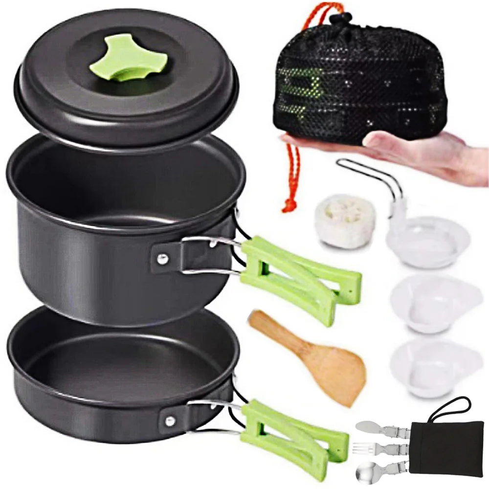 A 1.8L aluminum alloy camp cookware set in black, showing the pot and other components nested togeth (view 7)
