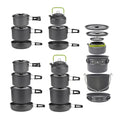 Aluminum alloy camping cookware set with pots and pans for 1-7 people, shown with a carrying bag.