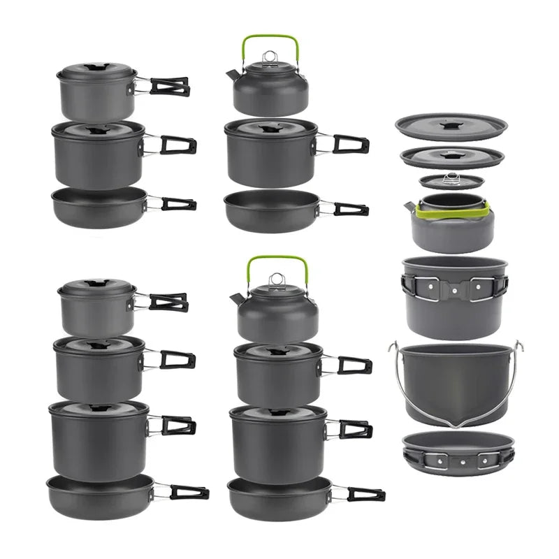 Aluminum alloy camping cookware set with pots and pans for 1-7 people, shown with a carrying bag. (view 7)