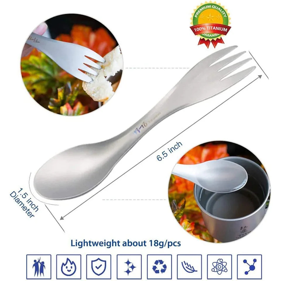 Two sandblasted titanium sporks showing the 2-in-1 spoon and fork head (view 3)