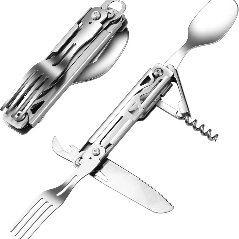 A single piece of silver stainless steel foldable cutlery, showing its compact folded form. (view 7)