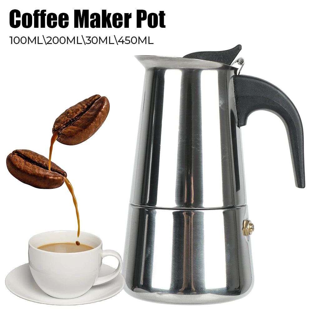 Stainless steel moka pot on a stovetop with coffee pouring into the upper chamber (view 7)
