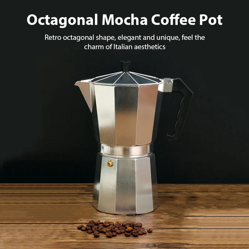 600ML aluminum octagonal moka pot on a white background, shown with its lid closed (view 7)