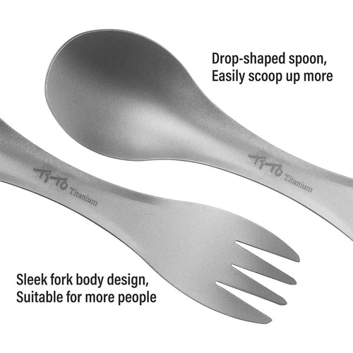Two sandblasted titanium sporks showing the 2-in-1 spoon and fork head (view 2)