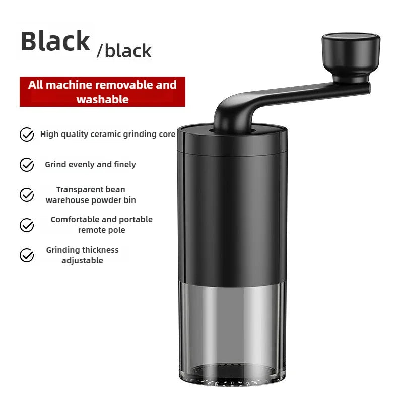 Black portable plastic hand crank coffee grinder with adjustable bearing for travel and home use (view 5)