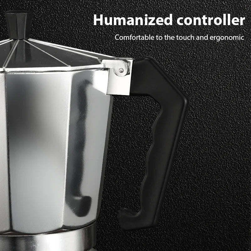 600ML aluminum octagonal moka pot on a white background, shown with its lid closed (view 4)