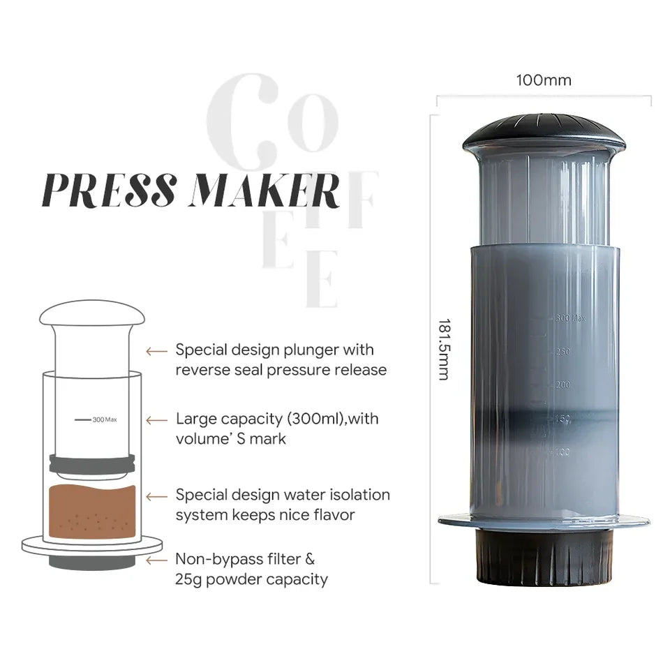 Portable press-style coffee maker, 300ml capacity, made from PP material, shown with optional hand g (view 2)