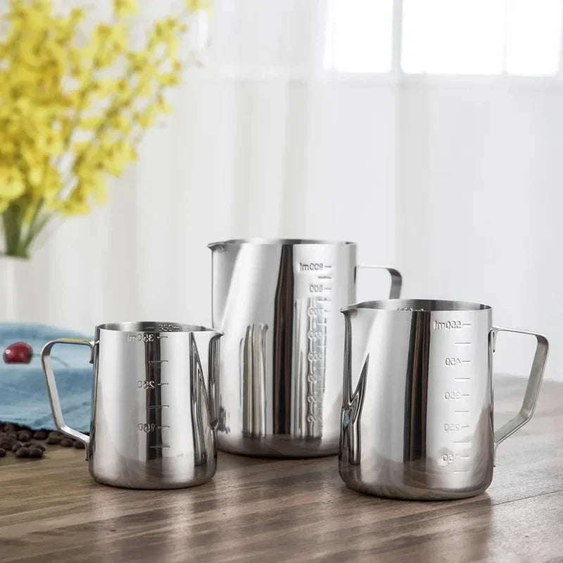 Stainless steel milk frothing pitcher with pointed spout and measurement scale (view 5)