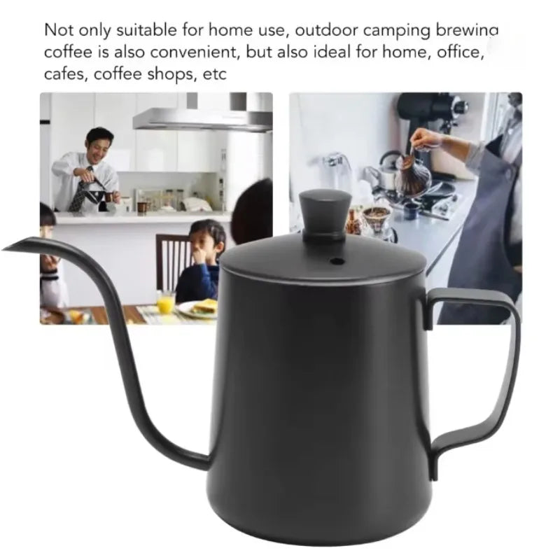 Black 350ML stainless steel gooseneck drip coffee pot with a lid and hanging handle (view 5)