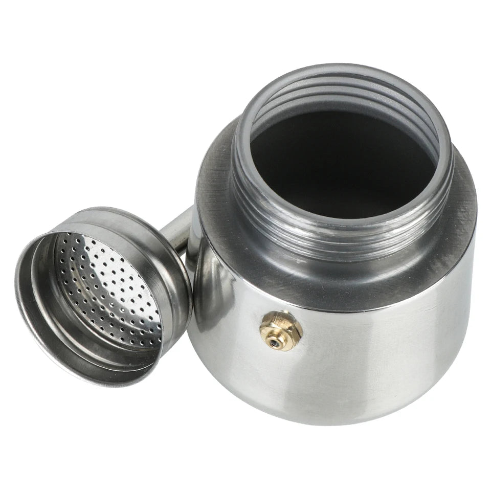 Stainless steel moka pot on a stovetop with coffee pouring into the upper chamber (view 5)