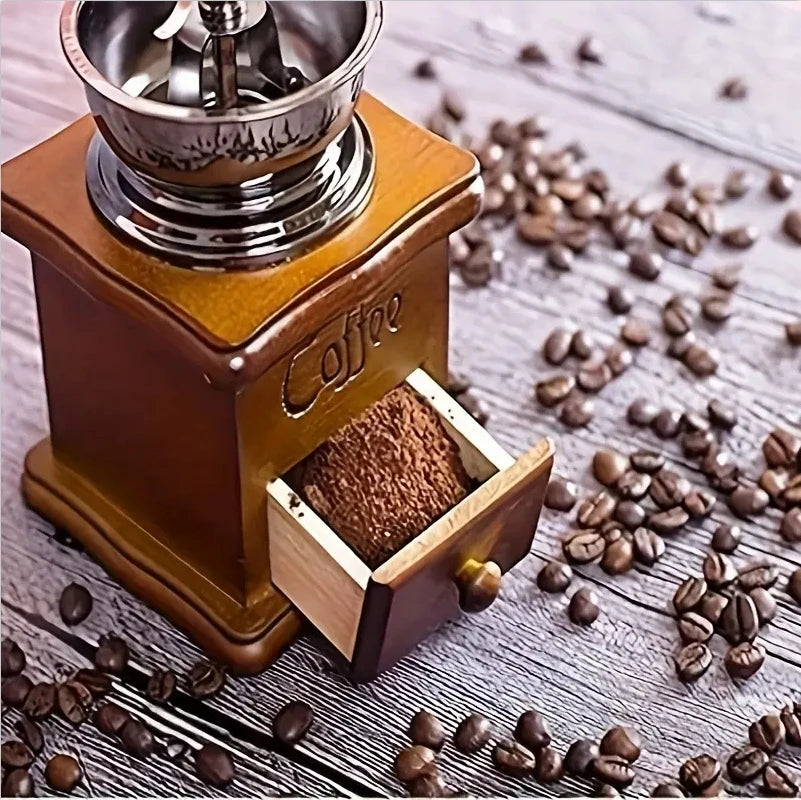 Vintage-style plastic hand-crank coffee grinder in a light brown color, shown from a slight angle wi (view 6)