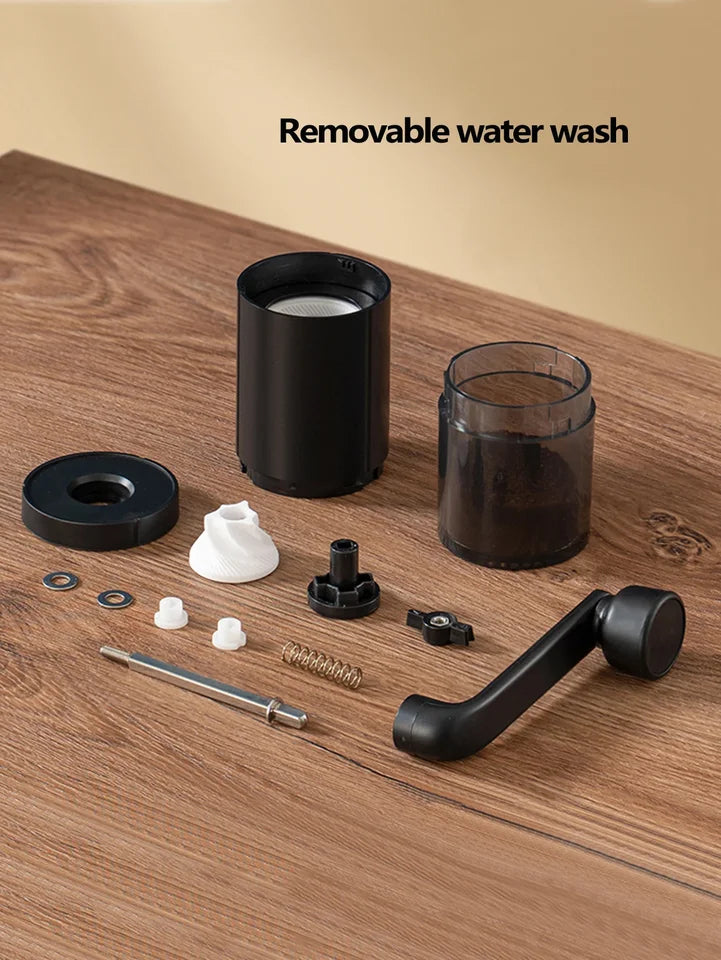 Vintage-style black manual coffee grinder with a hand crank (view 5)