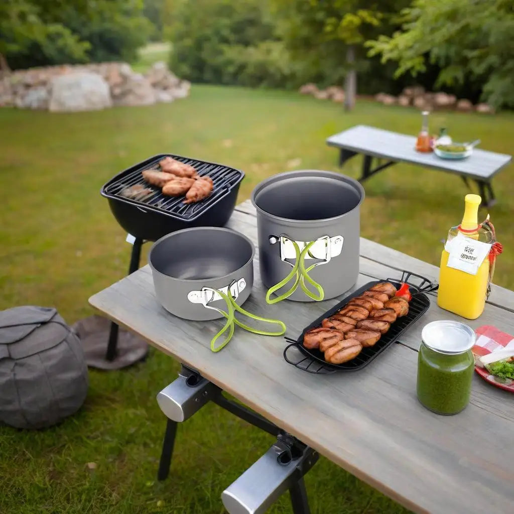 Hard aluminum alloy camping cookware set in orange and green, including pots and a frying pan, suita (view 7)