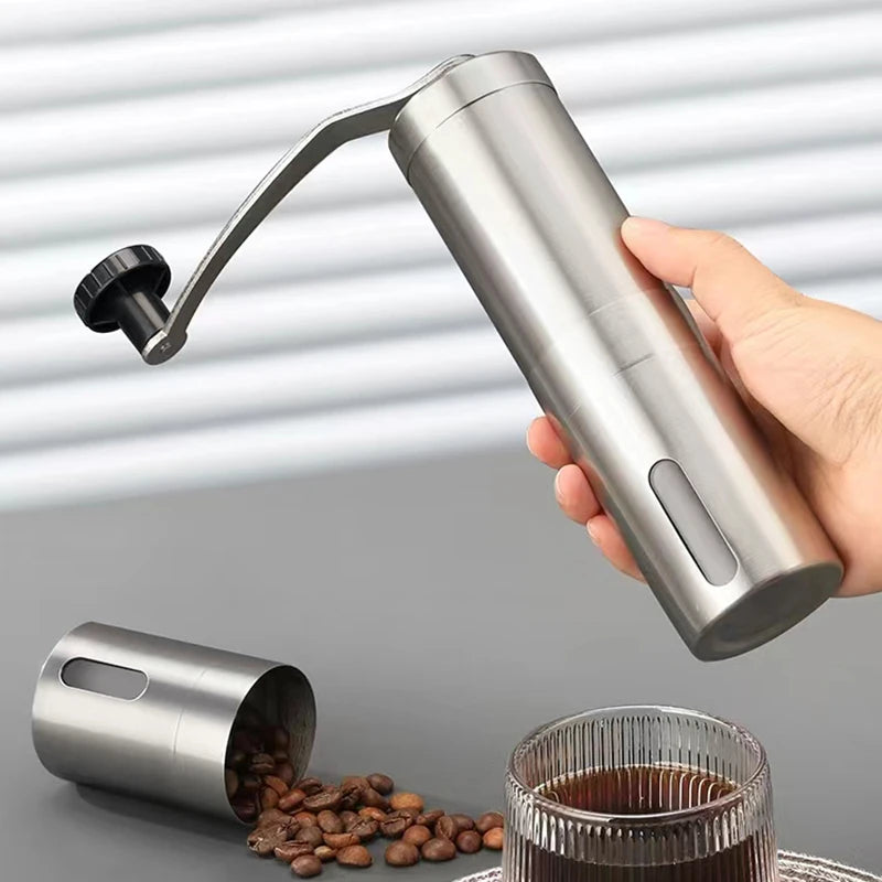 Portable stainless steel manual coffee grinder with a hand crank and adjustable ceramic burrs (view 2)