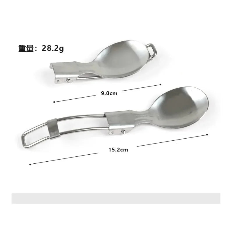 Foldable stainless steel camping fork, knife, and spoon set arranged for display (view 5)