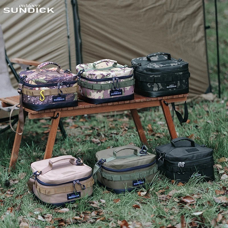 Large polyester picnic ice bag in khaki color, shown open with space for food and drinks (view 5)