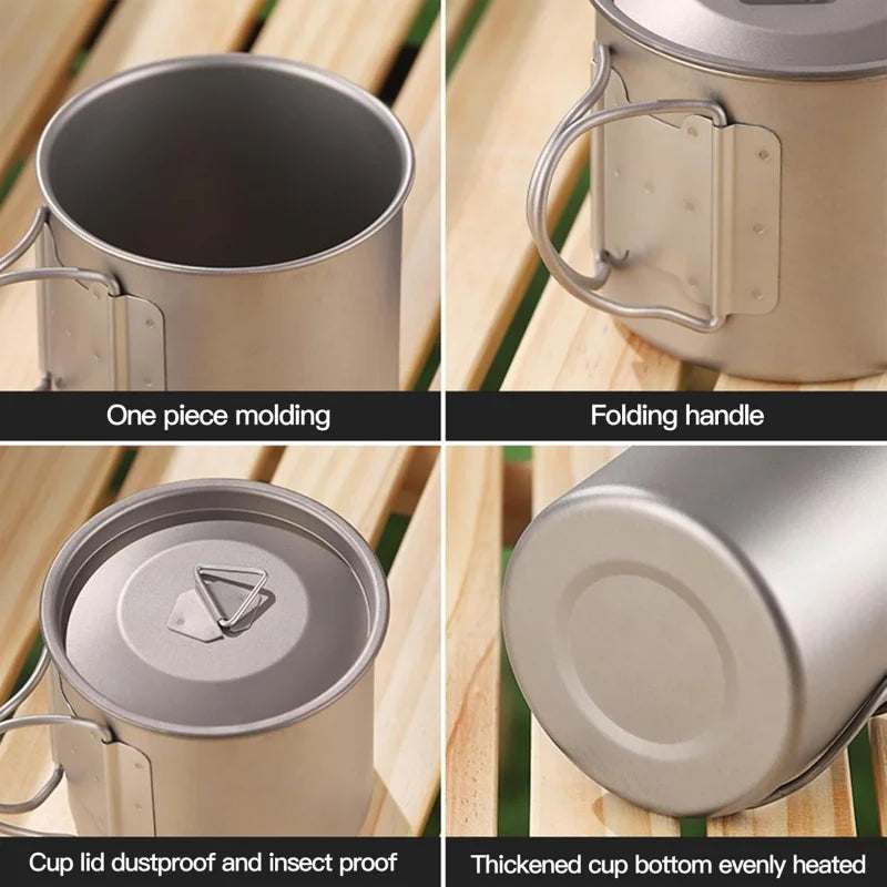 Titanium camping mug with a folding handle, shown in an outdoor setting (view 3)