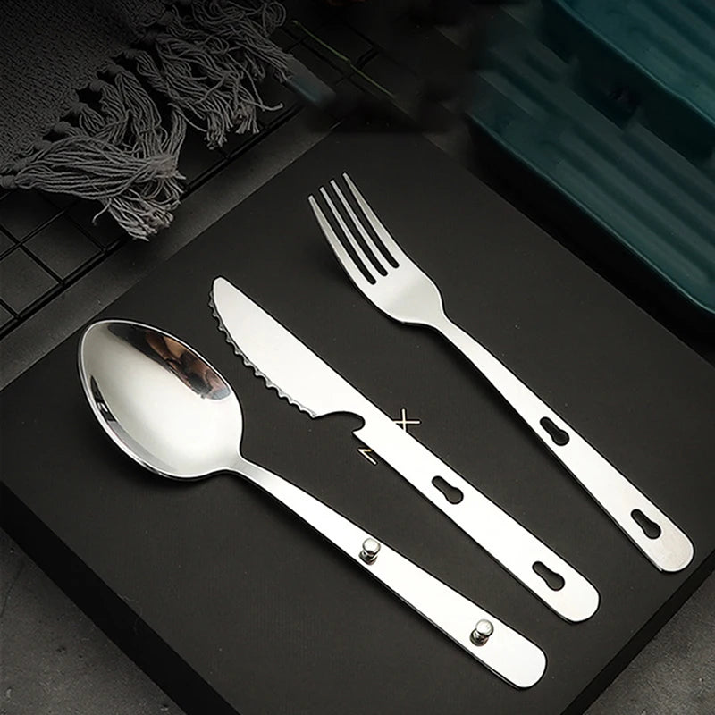 A 3-piece stainless steel folding utensil set, including a fork, spoon, and knife, displayed in thei (view 7)