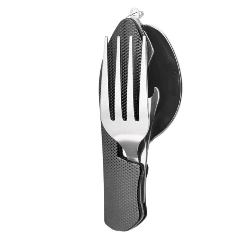 Folded stainless steel camping utensil set with black rubber handles (view 3)