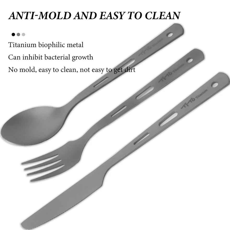 Titanium 3-piece knife, fork, and spoon set for outdoor dining (view 5)