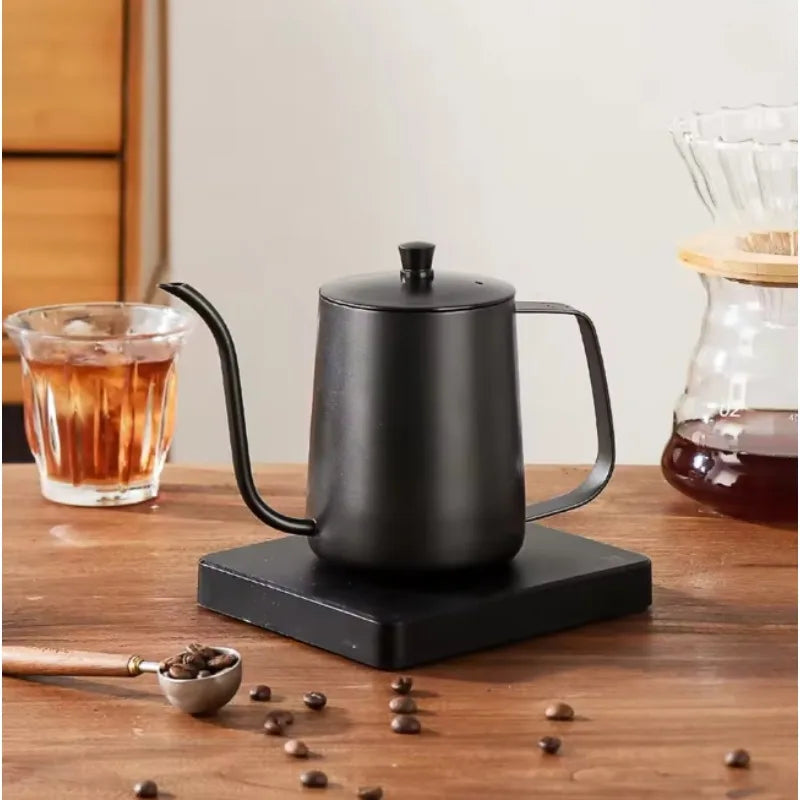 Black 350ML stainless steel gooseneck drip coffee pot with a lid and hanging handle (view 3)