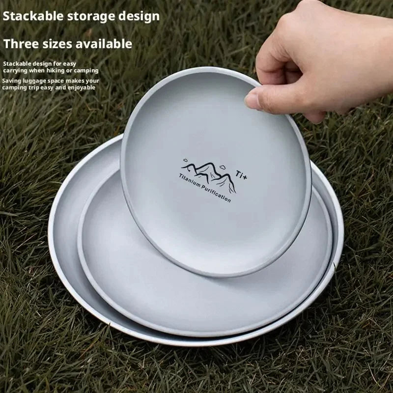 Single round titanium camping plate on a neutral background (view 5)