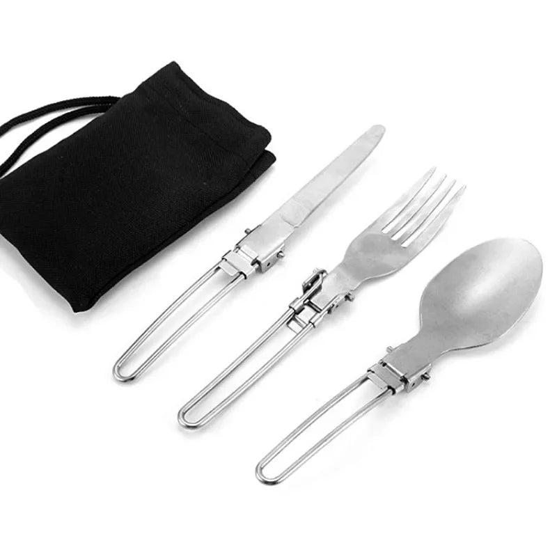 Foldable stainless steel camping fork, knife, and spoon set arranged for display (view 3)