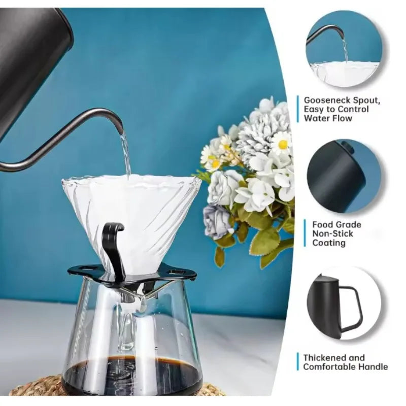 Black 350ML stainless steel gooseneck drip coffee pot with a lid and hanging handle (view 4)