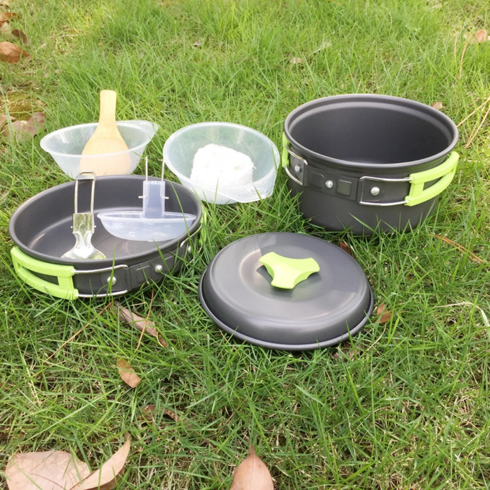 A 1.8L aluminum alloy camp cookware set in black, showing the pot and other components nested togeth (view 4)