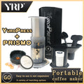 Black manual plastic press-style coffee maker with paper filters