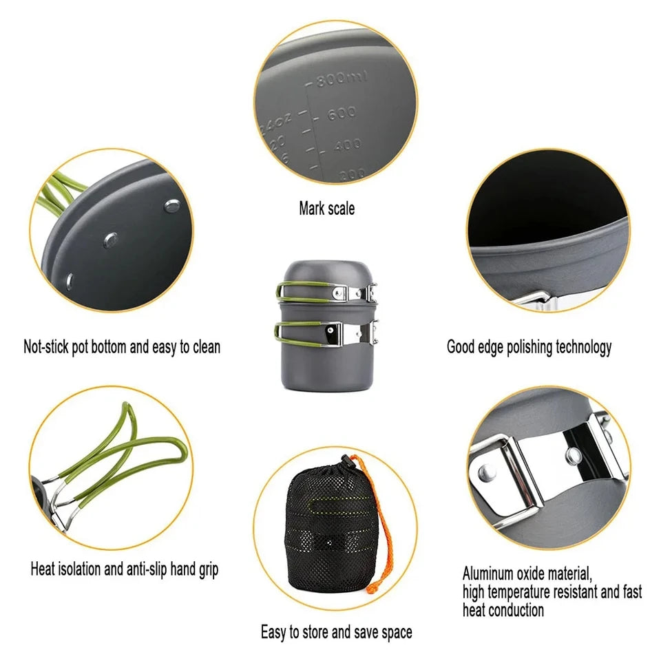 Ultralight camping cookware mess kit with pots, pans, and utensils for outdoor cooking (view 3)