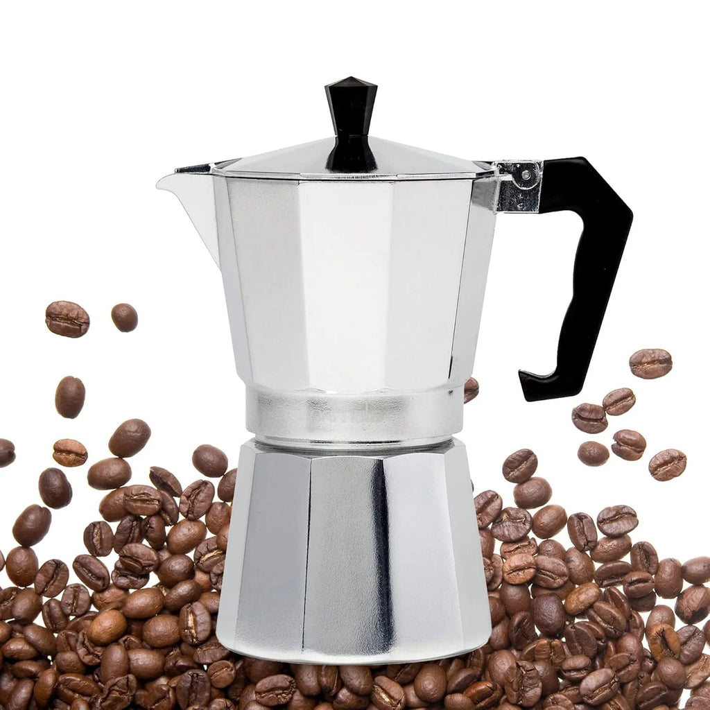 Several sizes of aluminum alloy stovetop coffee makers with black handles, suitable for camping and (view 7)