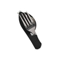Folded stainless steel camping utensil set with black rubber handles