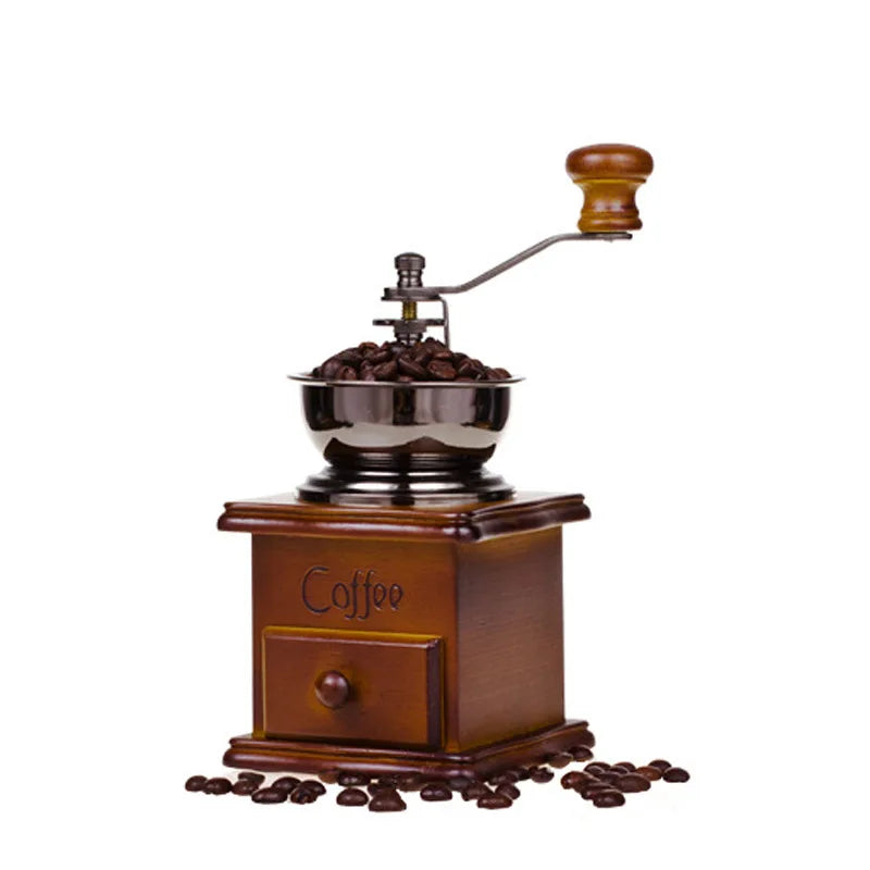 Vintage-style plastic hand-crank coffee grinder in a light brown color, shown from a slight angle wi (view 5)