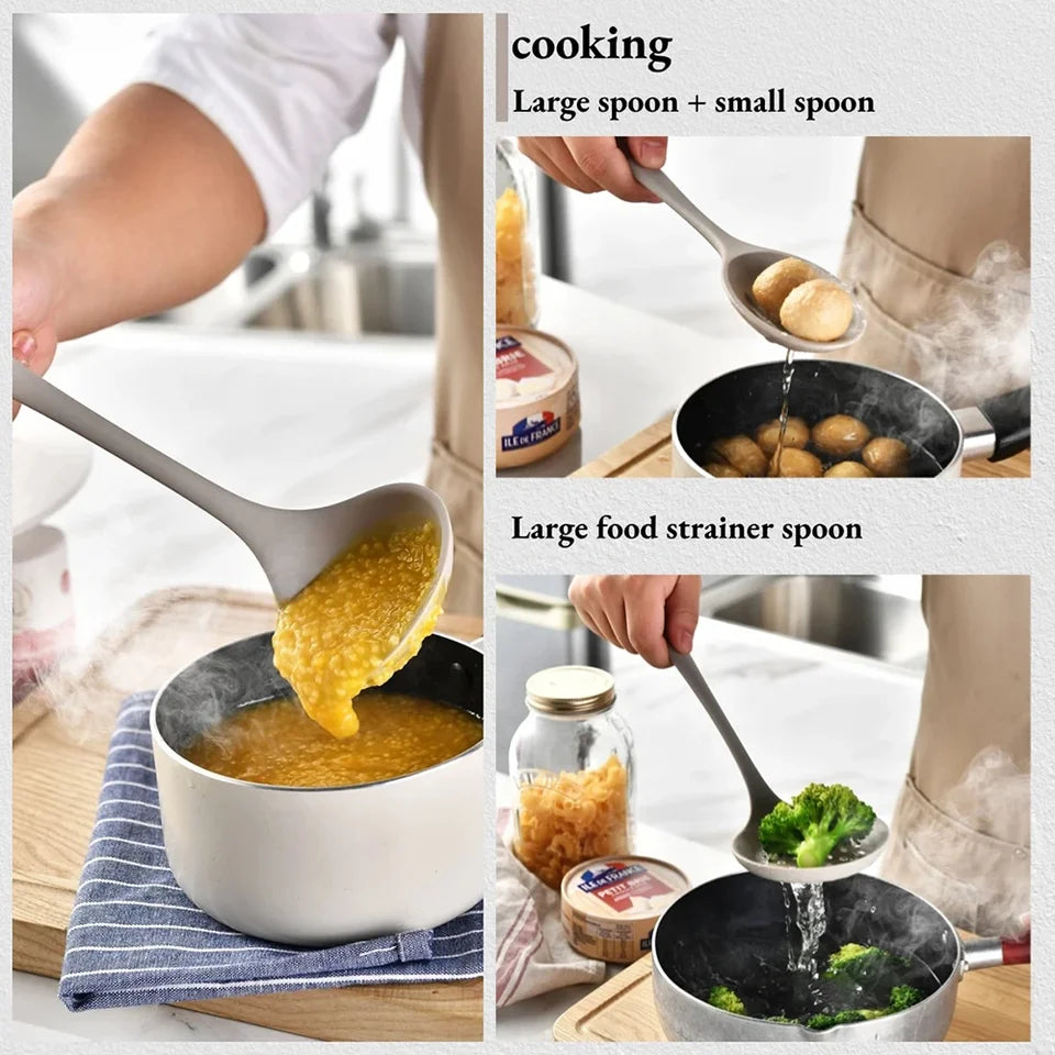 A 15-piece silicone kitchen utensil set in khaki, including spatulas, spoons, and a whisk, arranged (view 3)