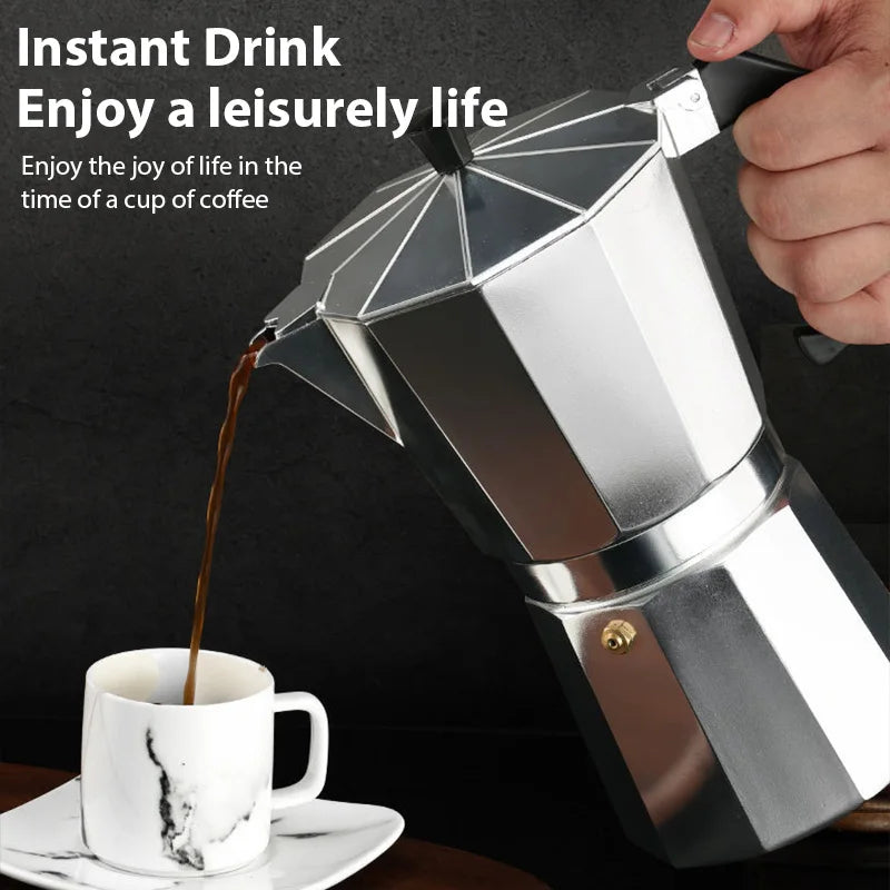 600ML aluminum octagonal moka pot on a white background, shown with its lid closed (view 6)