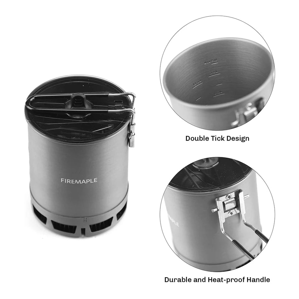 An ultralight aluminum alloy camping pot with a black neoprene sleeve and a plastic handle, shown on (view 4)