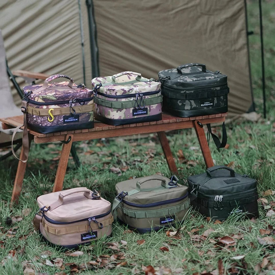 Large polyester picnic ice bag in khaki color, shown open with space for food and drinks