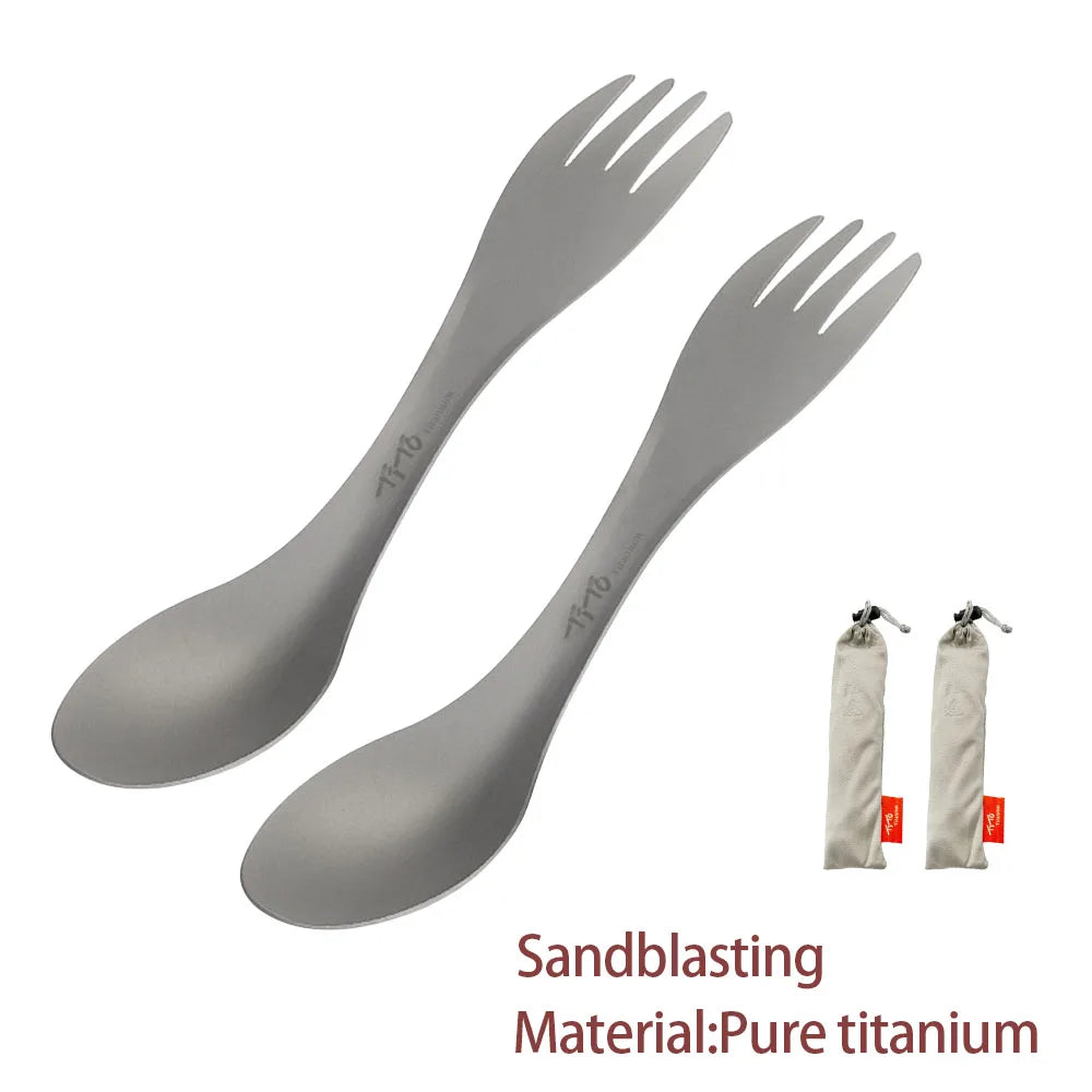 Two sandblasted titanium sporks showing the 2-in-1 spoon and fork head (view 7)