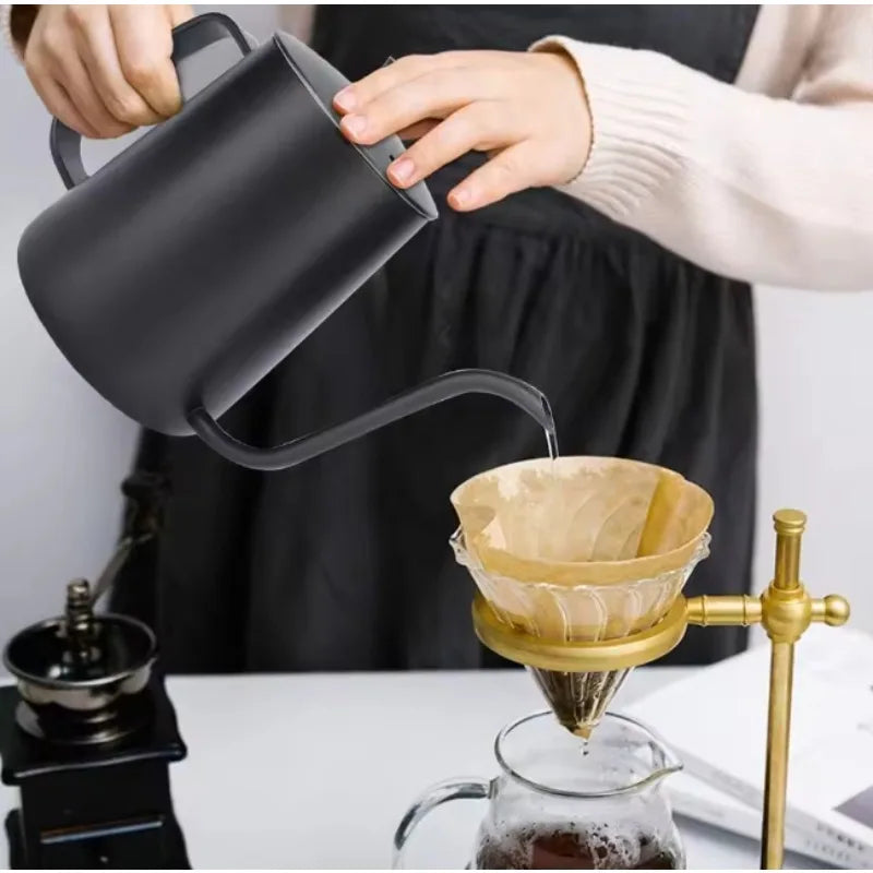 Black 350ML stainless steel gooseneck drip coffee pot with a lid and hanging handle (view 7)