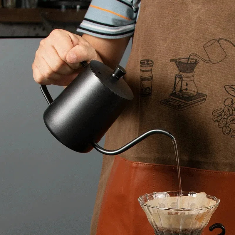 Black 350ML stainless steel gooseneck drip coffee pot with a lid and hanging handle (view 2)