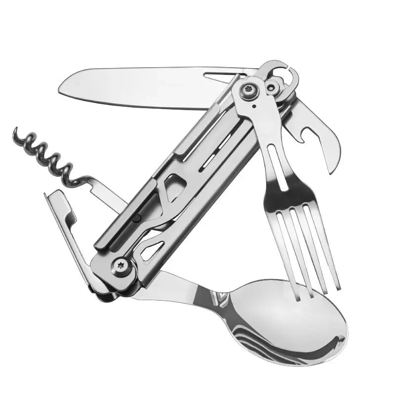White stainless steel folding cutlery set, including a knife, fork, and spoon, shown in a compact fo (view 5)