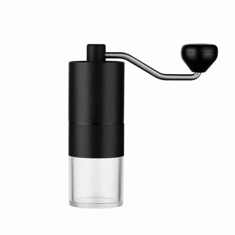 Portable hand-crank coffee grinder made of stainless steel with a black handle (view 2)