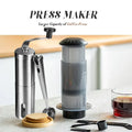 Portable press-style coffee maker, 300ml capacity, made from PP material, shown with optional hand grinder